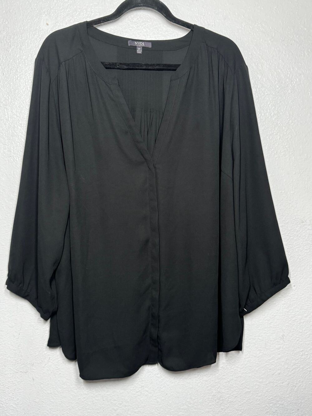 NYDJ Pintuck Top Black Split Neck Pleated Button Front 3/4 Sleeve Sz 2X Women's